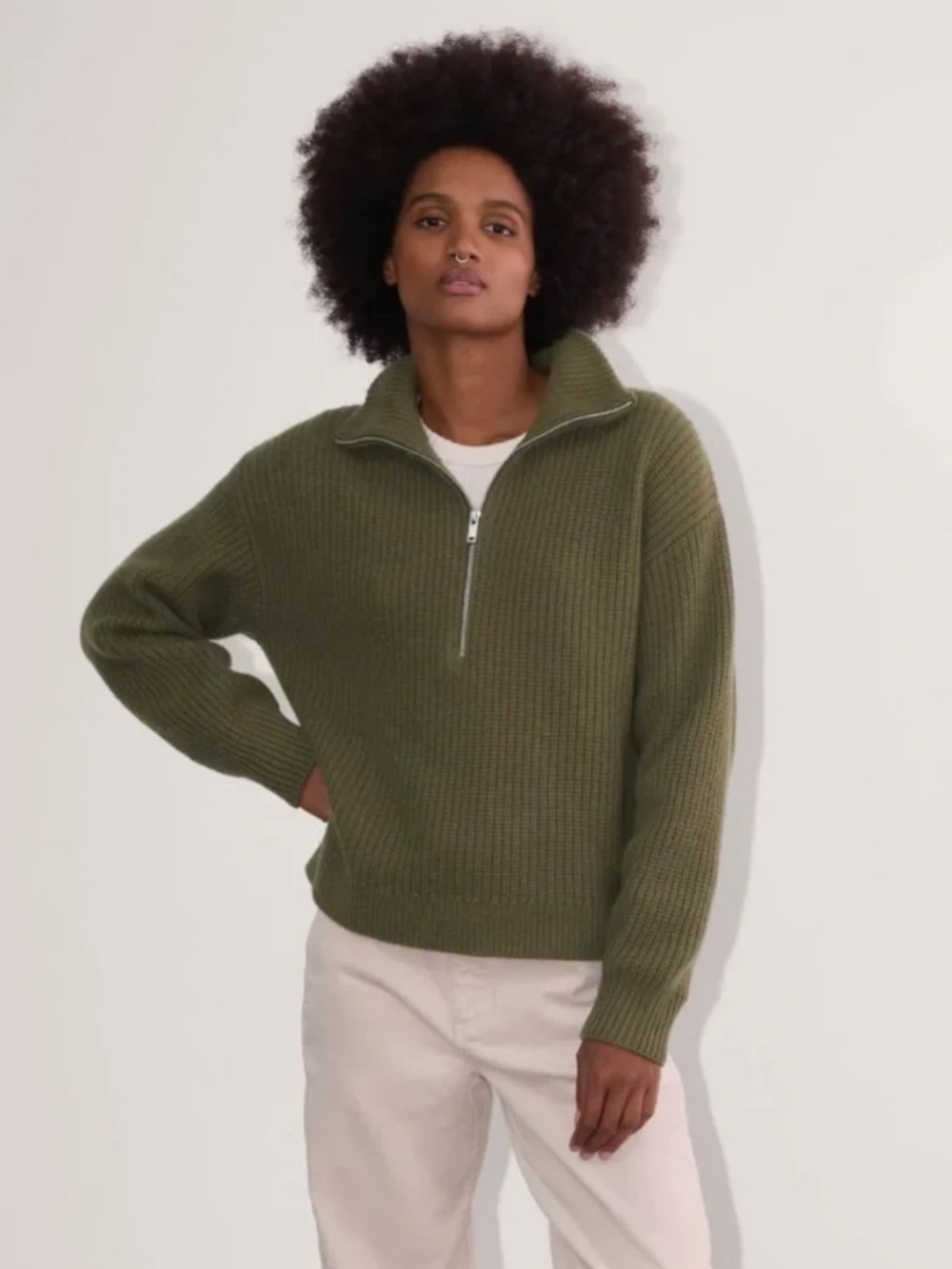 Everlane Olive Green 100% WoolRibbed Half-Zip Sweater - Size Medium